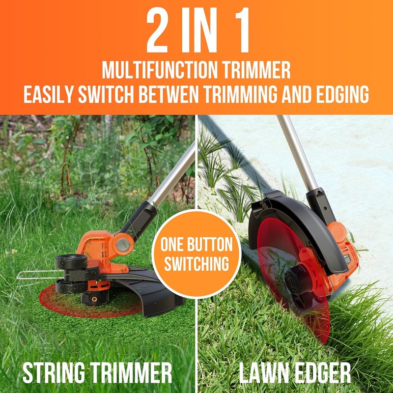 VARSK 20V String Trimmer Cordless, 12 Inch 2 in 1 Trimmer and Edger, Automatic Line Feed, Includes 2 X 2.0Ah Batteries/1 X Fast Charger/6 X Spare Spools, for Lawn, Garden, etc, Orange - Image 2